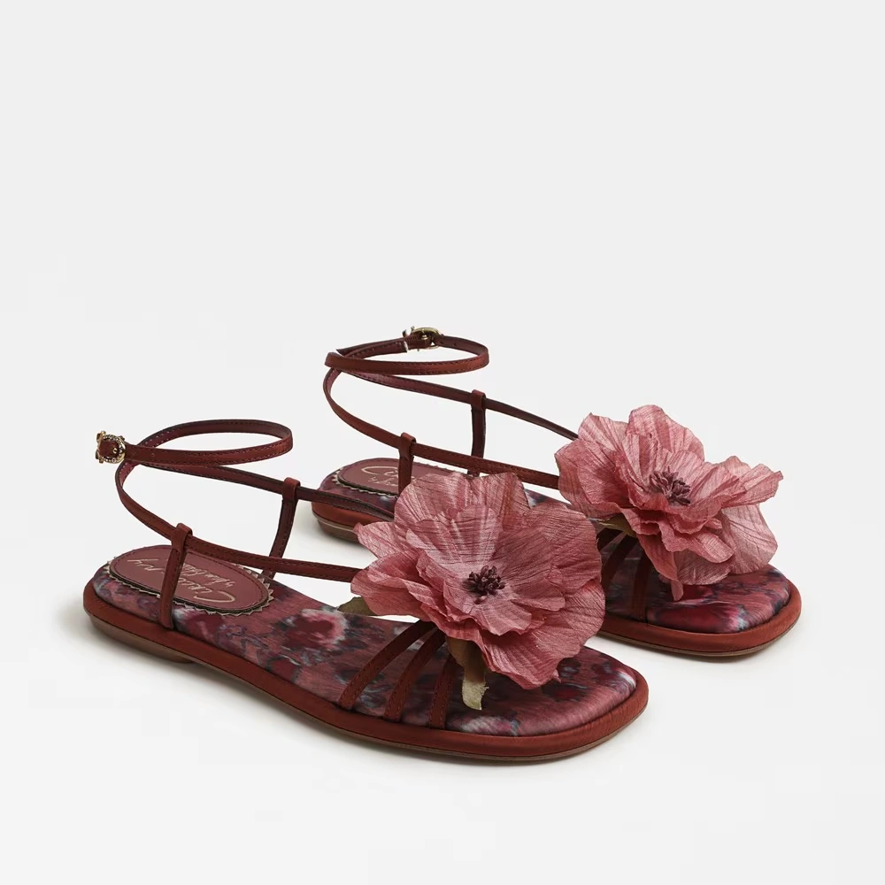 Olana Flower Strappy Sandal Merlot Red Satin