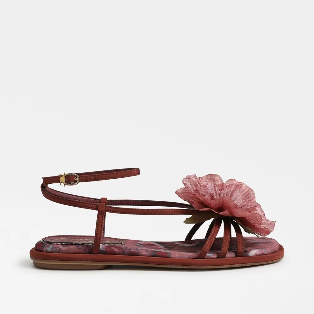 Olana Flower Strappy Sandal Merlot Red Satin