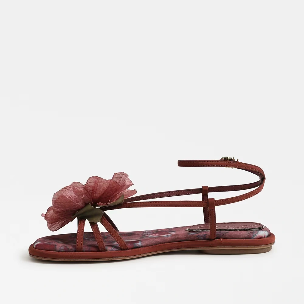 Olana Flower Strappy Sandal Merlot Red Satin 4 Olana Flower Strappy Sandal Merlot Red Satin