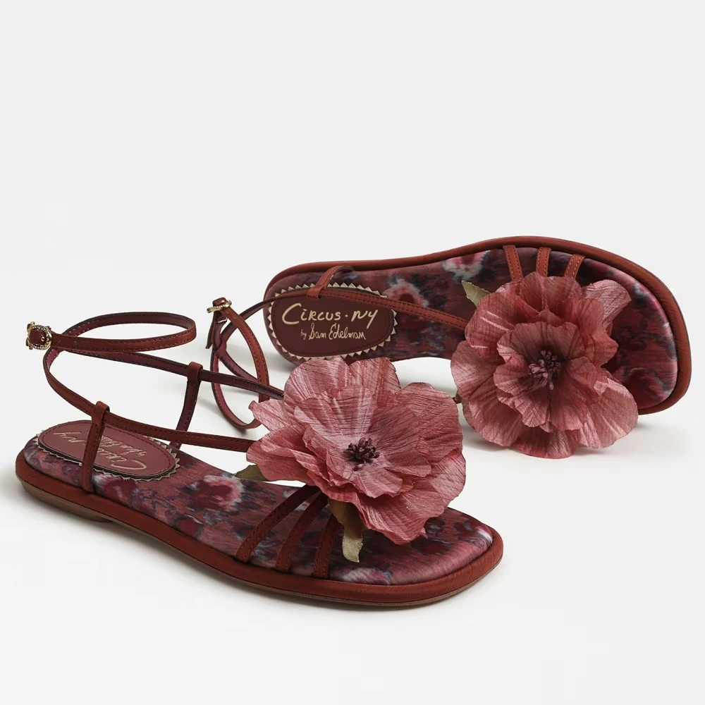 Olana Flower Strappy Sandal Merlot Red Satin 7 Olana Flower Strappy Sandal Merlot Red Satin