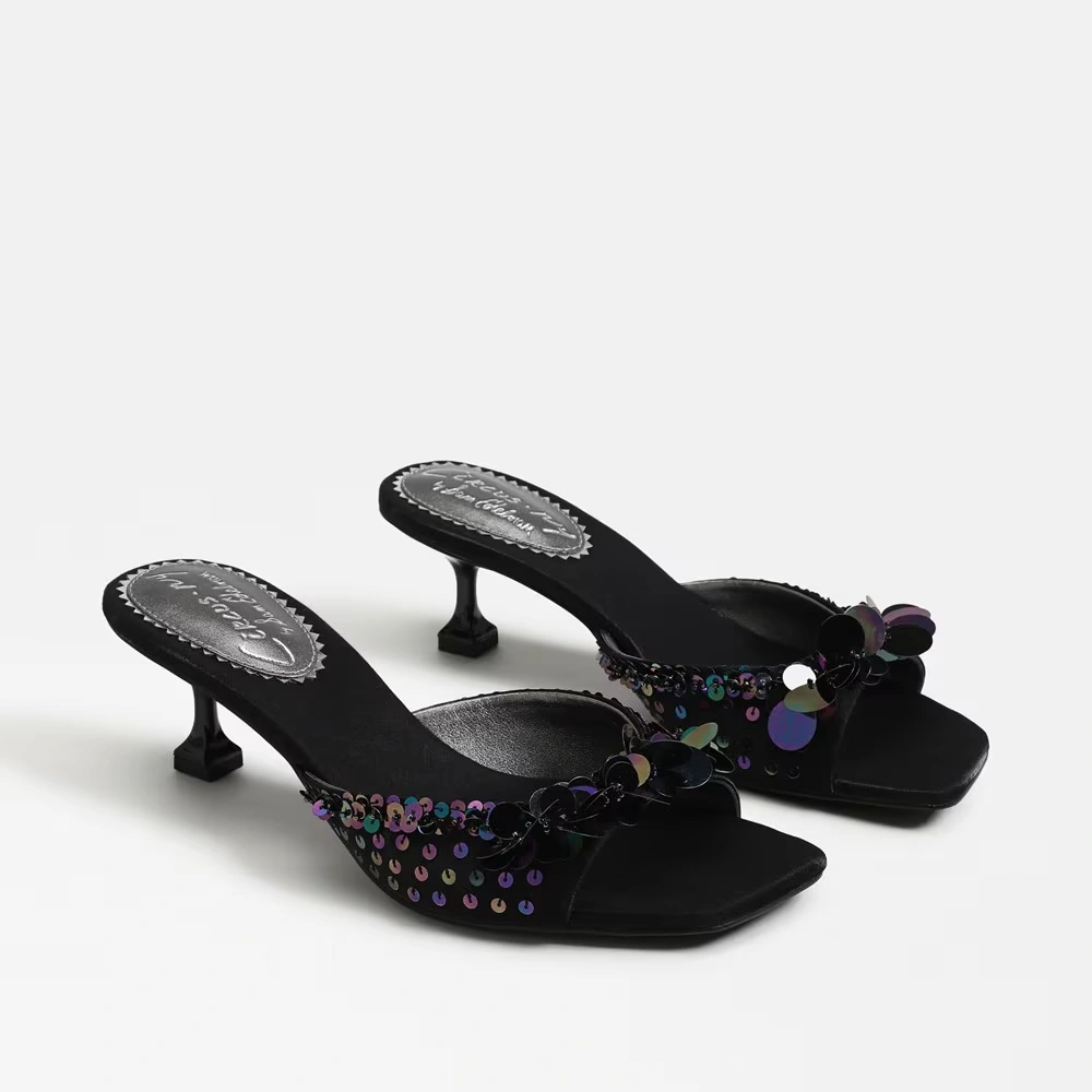 Juliana Kitten Heel Mule Black Sequin Satin