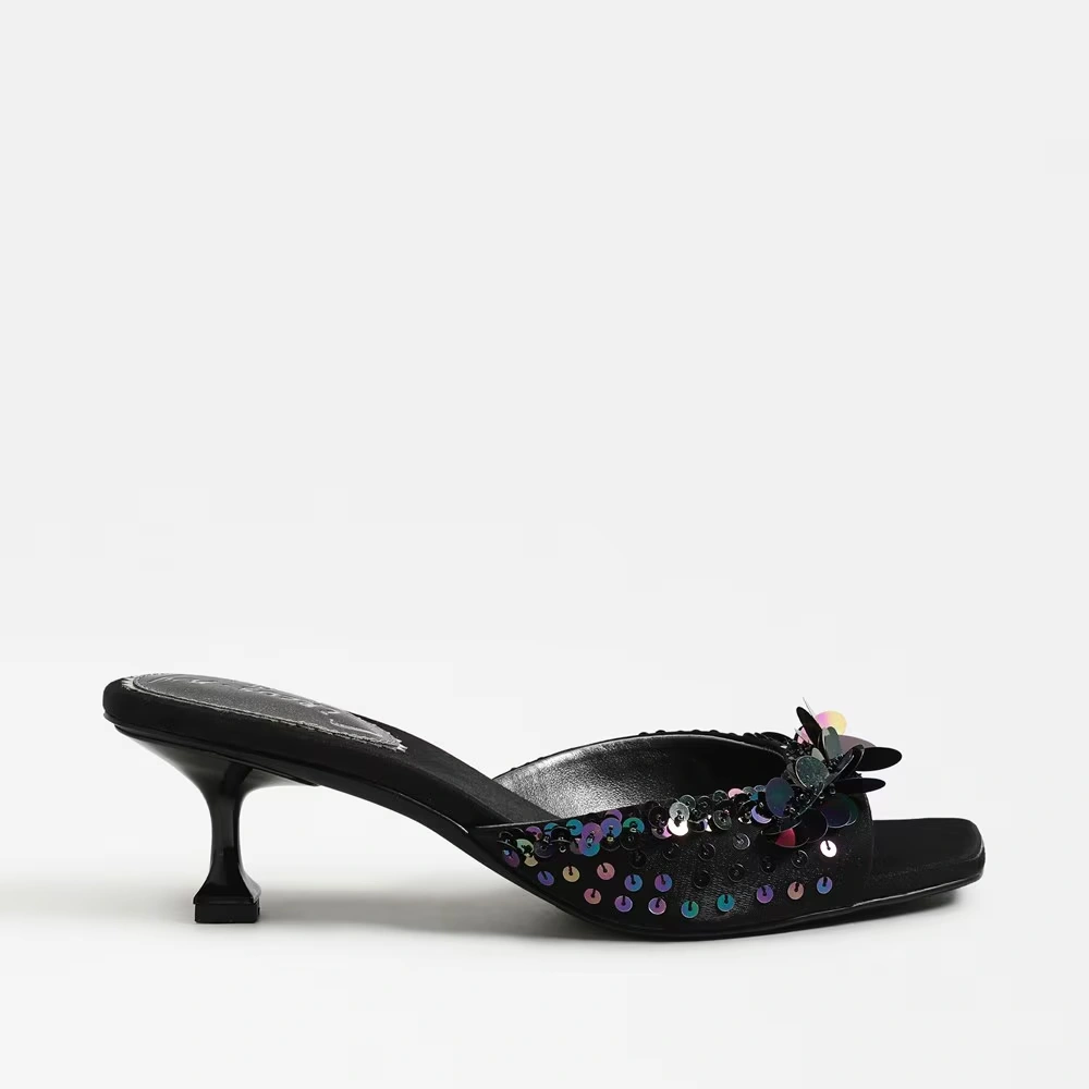 Juliana Kitten Heel Mule Black Sequin Satin