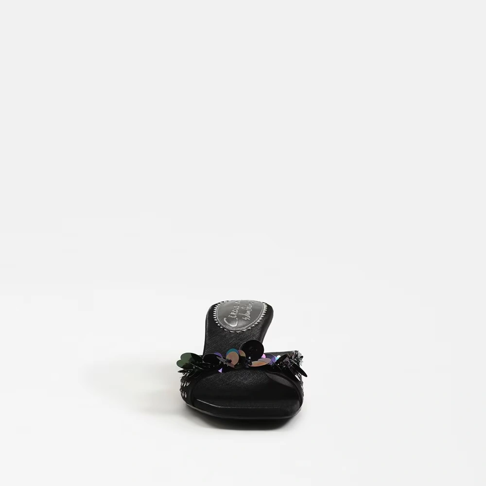 Juliana Kitten Heel Mule Black Sequin Satin 3 Juliana Kitten Heel Mule Black Sequin Satin