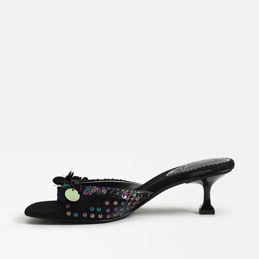 Juliana Kitten Heel Mule Black Sequin Satin 4 Juliana Kitten Heel Mule Black Sequin Satin