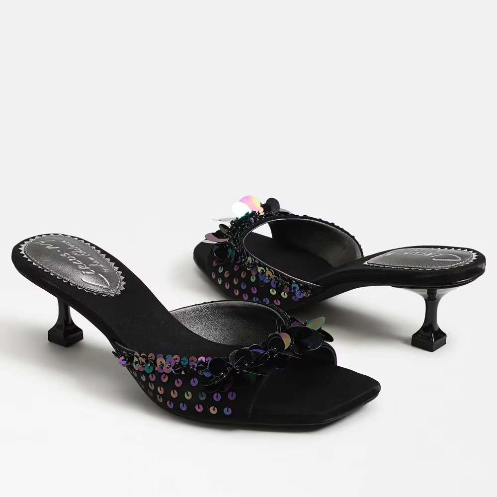 Juliana Kitten Heel Mule Black Sequin Satin 7 Juliana Kitten Heel Mule Black Sequin Satin