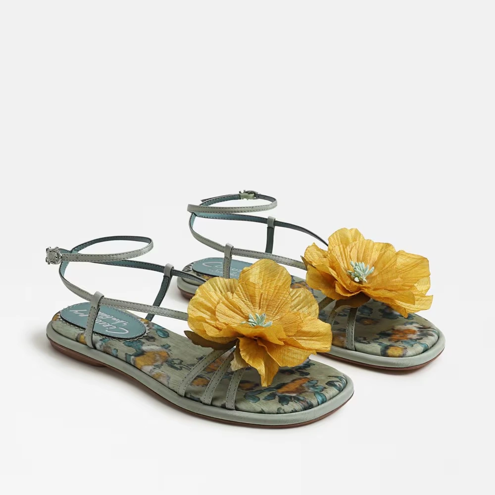 Olana Flower Strappy Sandal Cool Mint/Yellow Satin