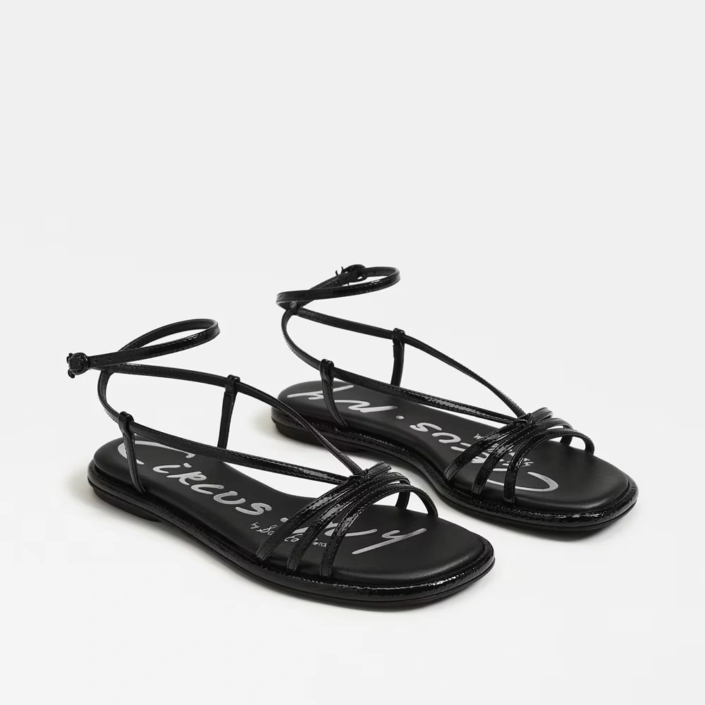 Olana Strappy Flat Sandal Black Patent