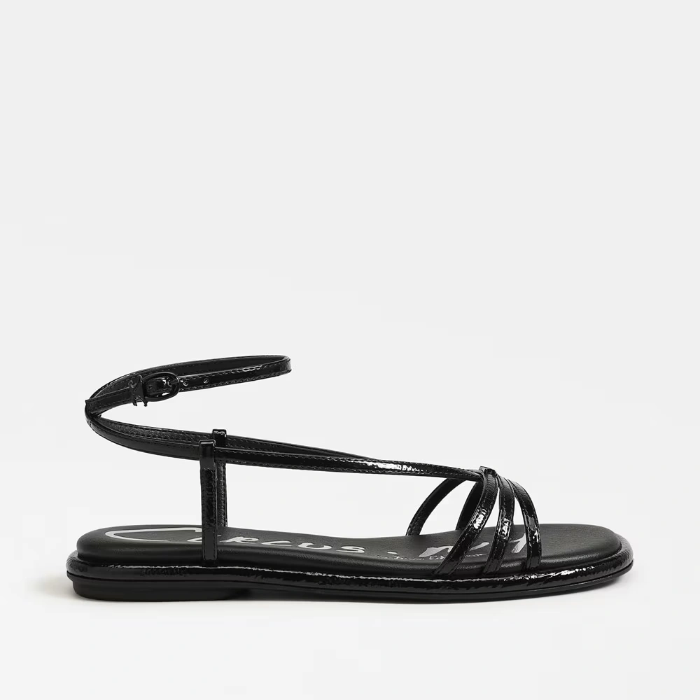 Olana Strappy Flat Sandal Black Patent