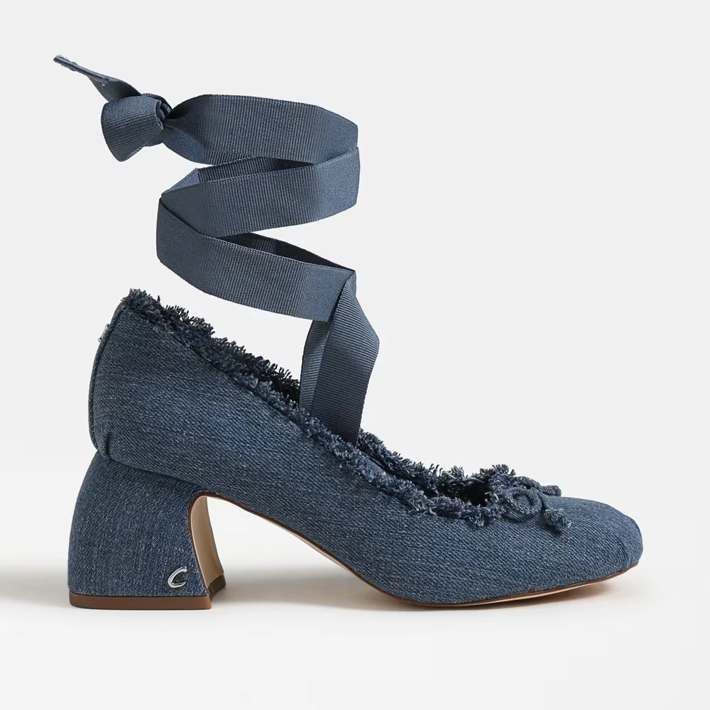 Della Fringe Wrap Up Block Heel Bluestone Denim