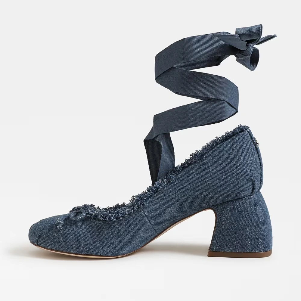 Della Fringe Wrap Up Block Heel Bluestone Denim