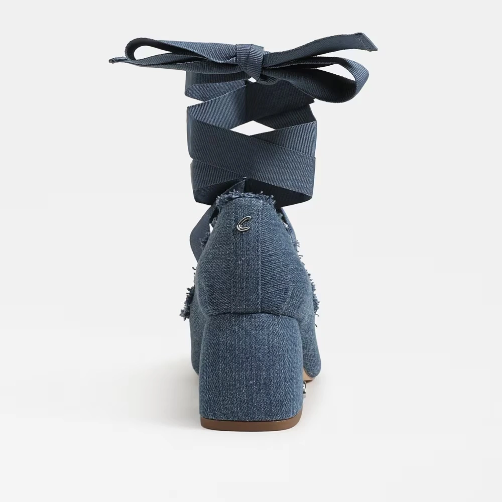 Della Fringe Wrap Up Block Heel Bluestone Denim