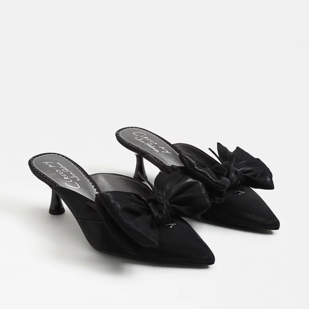Fiona Bow Mule Heel Black Satin