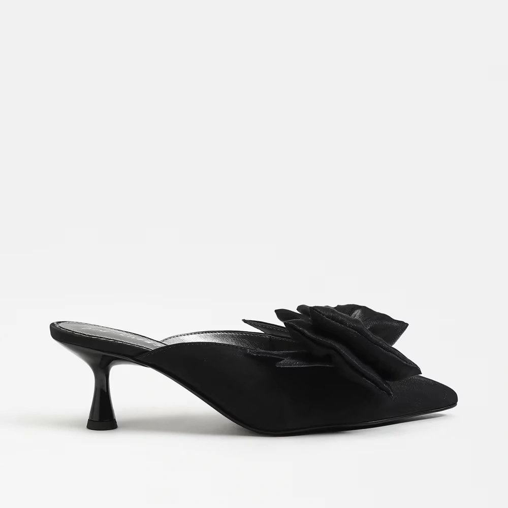 Fiona Bow Mule Heel Black Satin