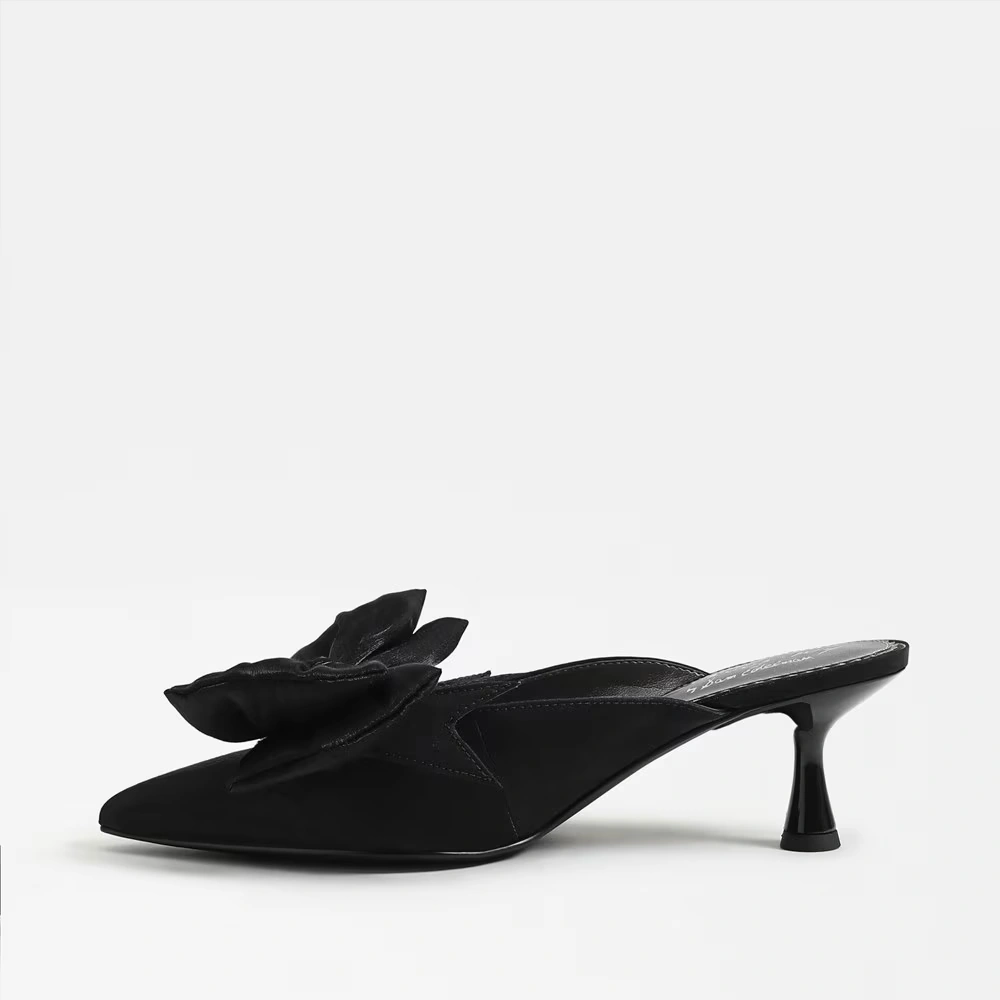 Fiona Bow Mule Heel Black Satin 4 Fiona Bow Mule Heel Black Satin