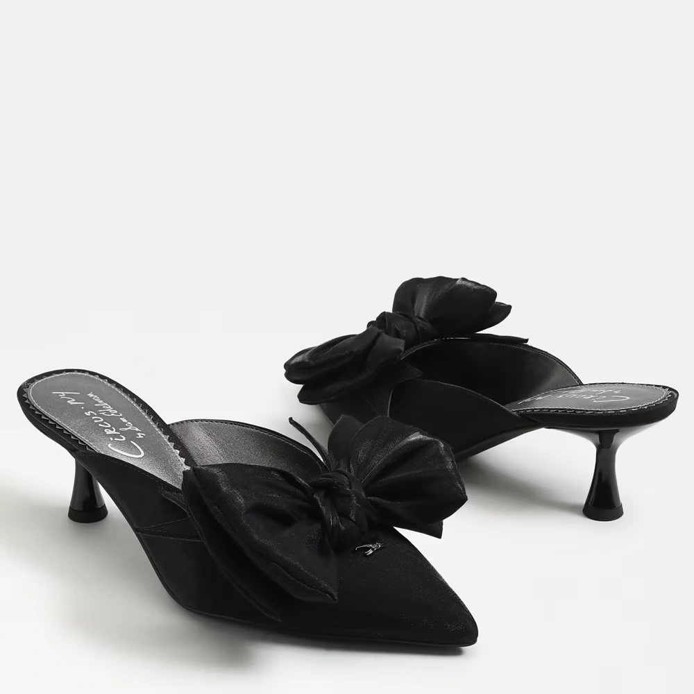 Fiona Bow Mule Heel Black Satin 7 Fiona Bow Mule Heel Black Satin